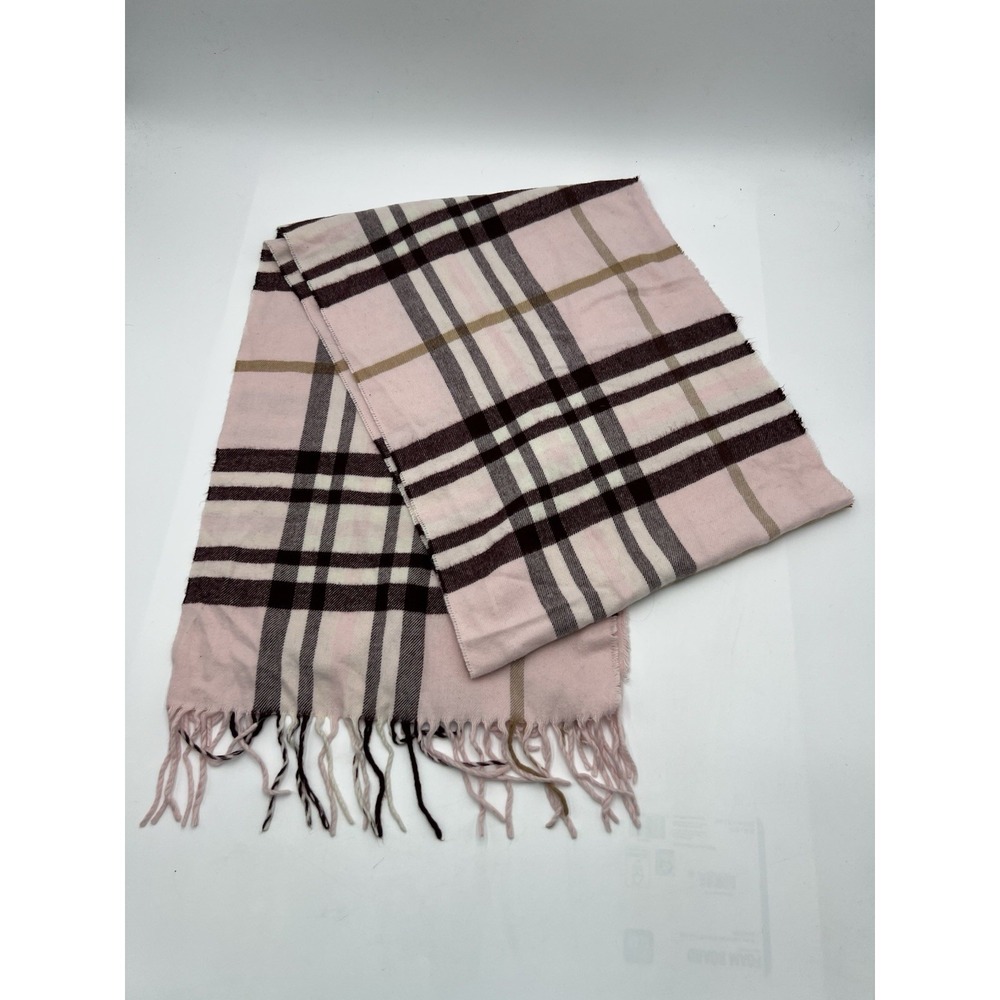 V Fraas Cashmink Plaid Scarf Pink Burgundy Tan Fringe Made In Germany